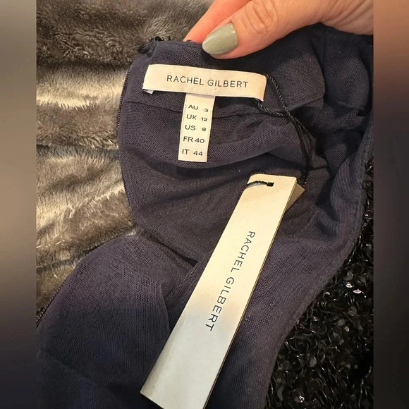 NWT Rachel Gilbert Mirella Sequin Navy Midi Dress Bow Sash Long Sleeve Size 8 - Picture 11 of 12